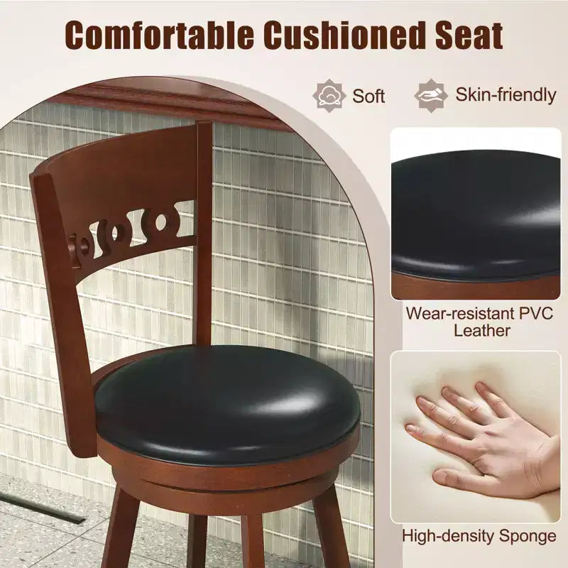 Set of 2 Swivel Bar Stools with High Back and Rubber Wood Frame