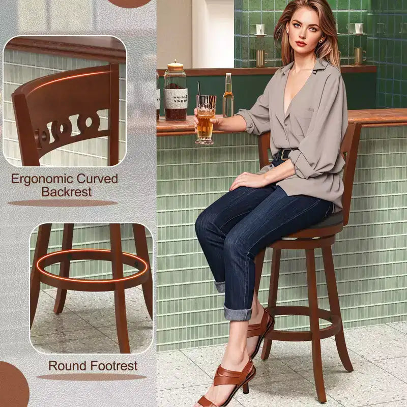 Set of 2 Swivel Bar Stools with High Back and Rubber Wood Frame