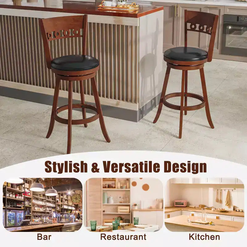 Set of 2 Swivel Bar Stools with High Back and Rubber Wood Frame