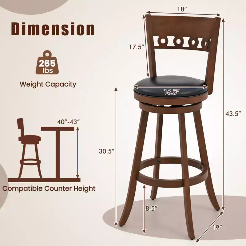 Set of 2 Swivel Bar Stools with High Back and Rubber Wood Frame