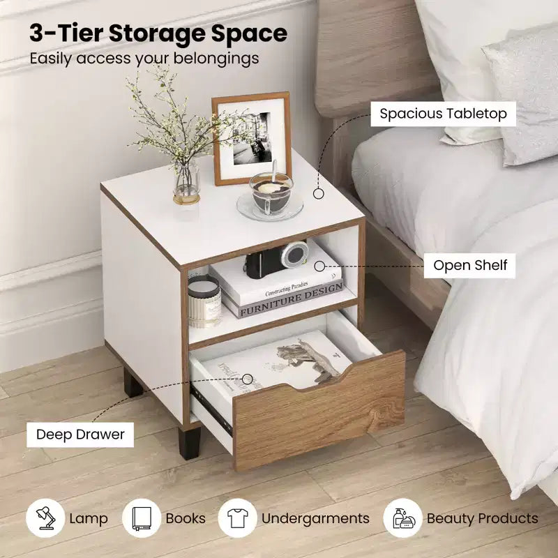 2-Piece Nightstand Set with Drawer and Open Shelf