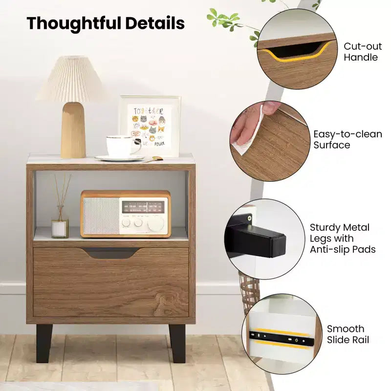 2-Piece Nightstand Set with Drawer and Open Shelf