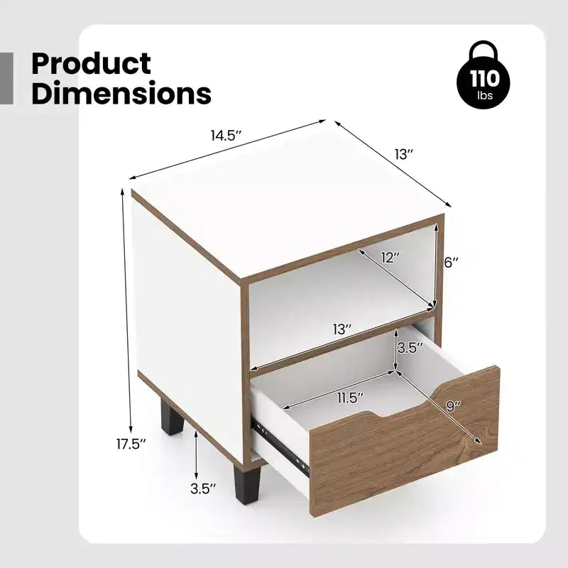 2-Piece Nightstand Set with Drawer and Open Shelf
