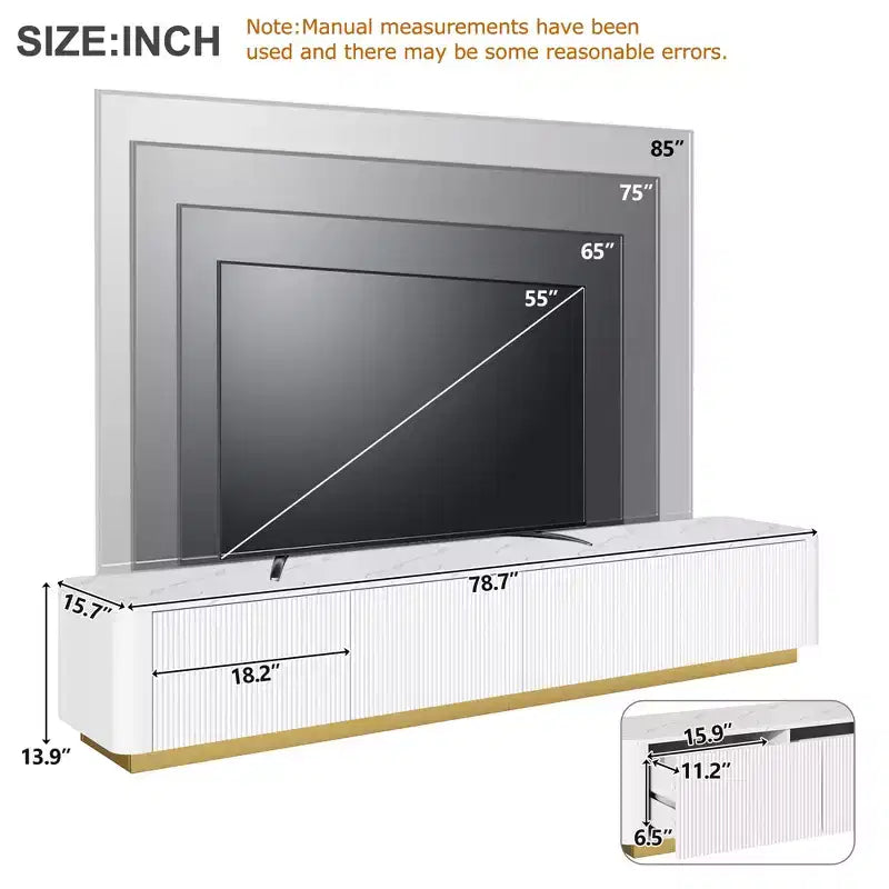Fluted TV Stand for 85-Inch TVs with 4 Drawers and Gold Base