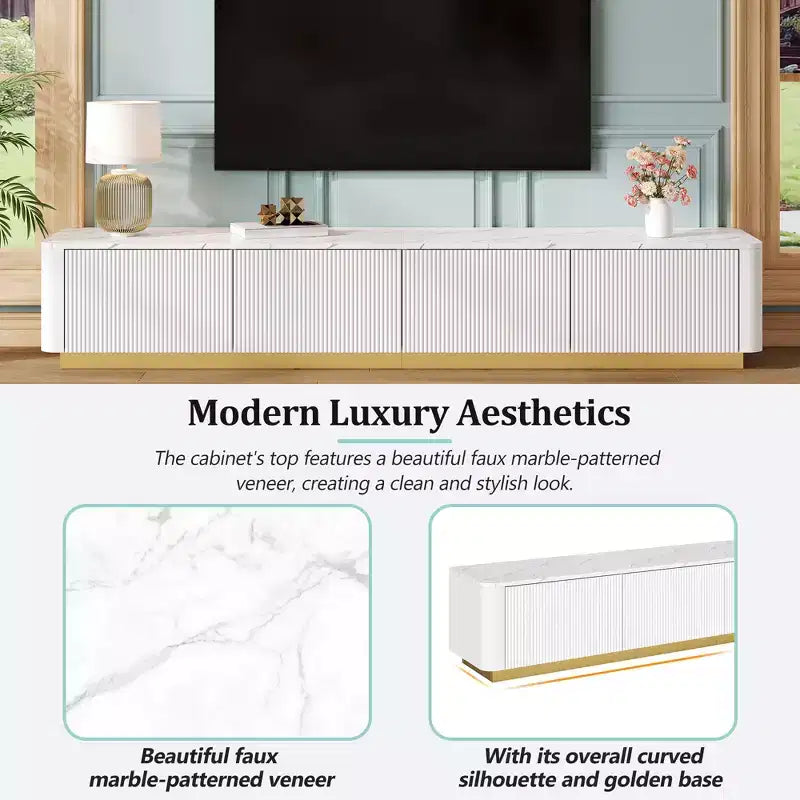 Fluted TV Stand for 85-Inch TVs with 4 Drawers and Gold Base