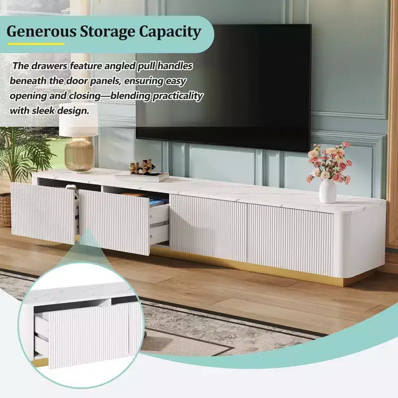 Fluted TV Stand for 85-Inch TVs with 4 Drawers and Gold Base