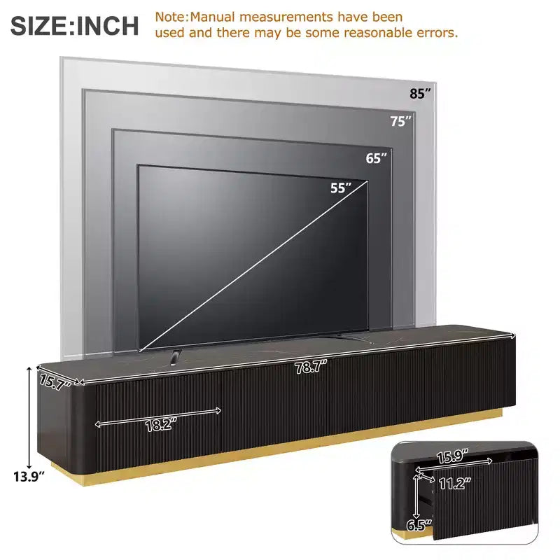 Fluted TV Stand for 85-Inch TVs with 4 Drawers and Gold Base