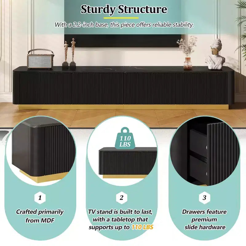 Fluted TV Stand for 85-Inch TVs with 4 Drawers and Gold Base