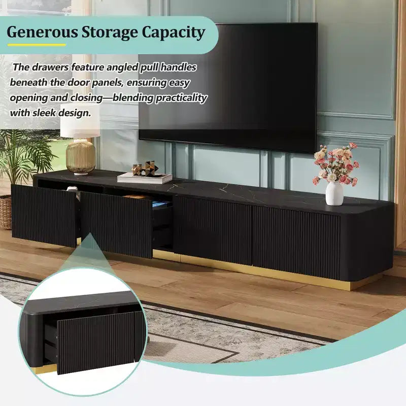 Fluted TV Stand for 85-Inch TVs with 4 Drawers and Gold Base