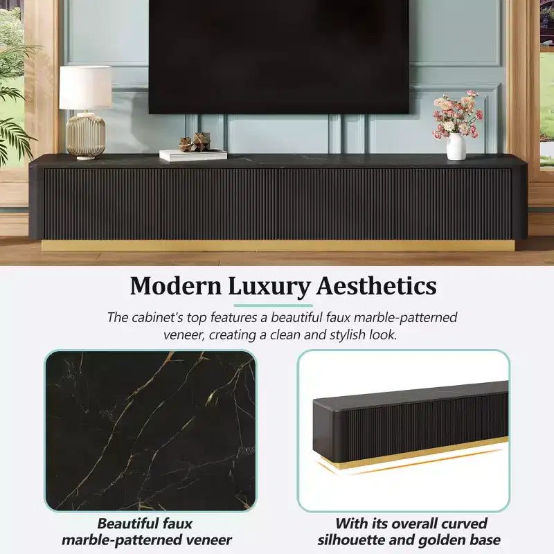 Fluted TV Stand for 85-Inch TVs with 4 Drawers and Gold Base