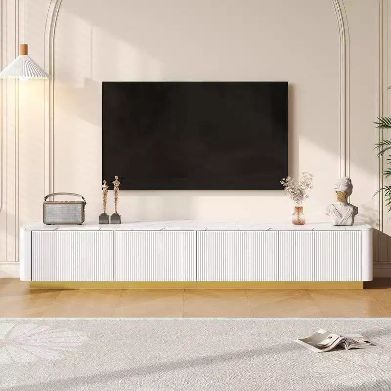 Fluted TV Stand for 85-Inch TVs with 4 Drawers and Gold Base