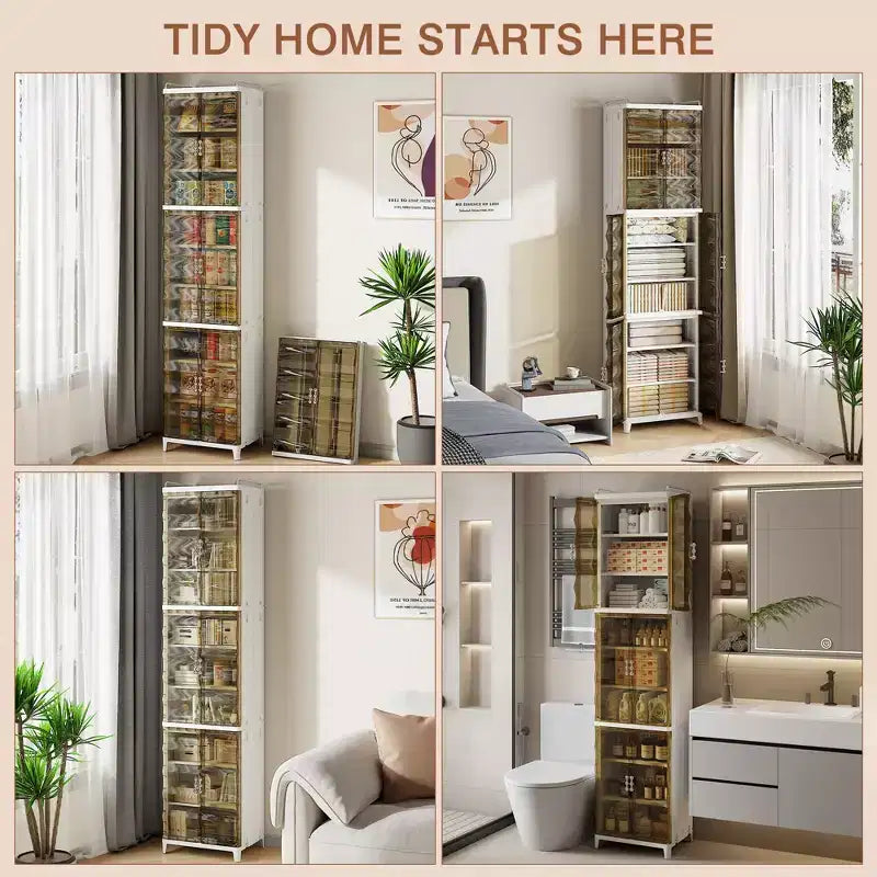 2/3-Tier Tall Narrow Storage Cabinet with Glass Doors, White