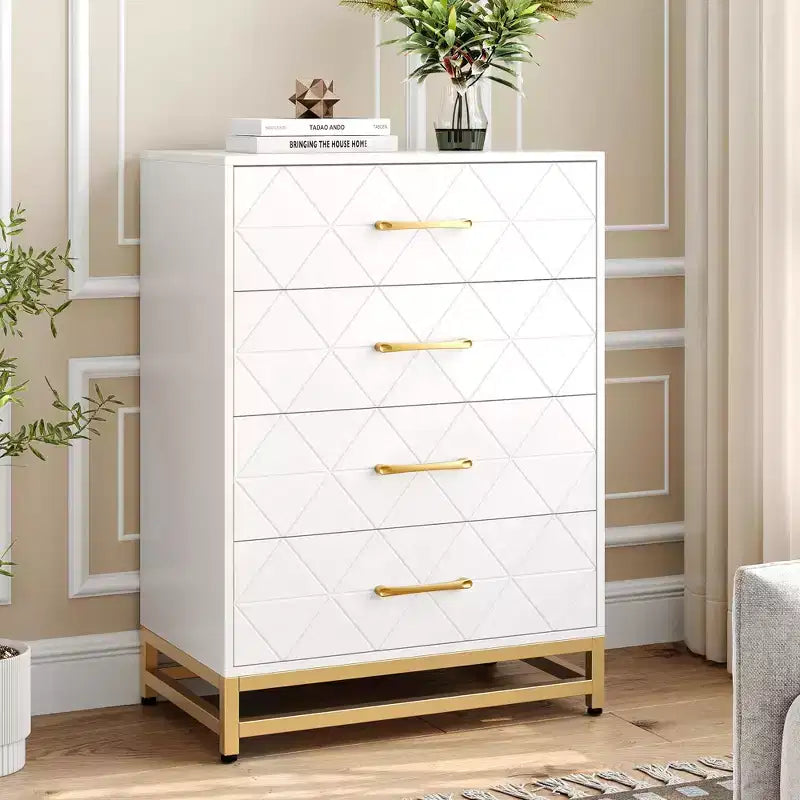4-Drawer Dresser with Metal Legs and Gold Handles