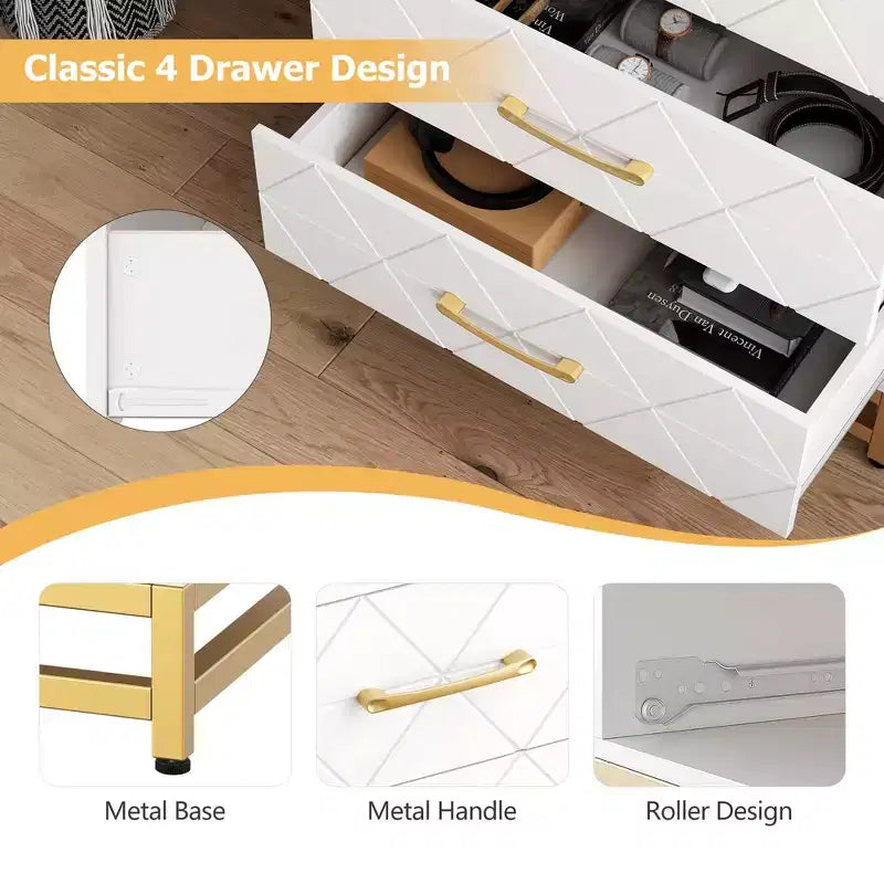 4-Drawer Dresser with Metal Legs and Gold Handles