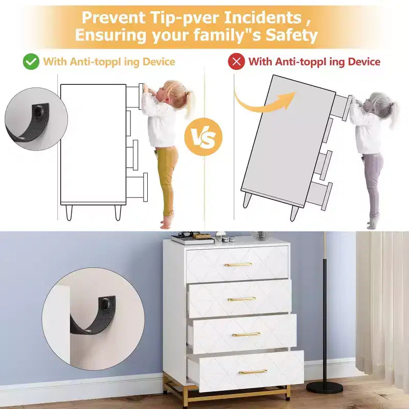 4-Drawer Dresser with Metal Legs and Gold Handles