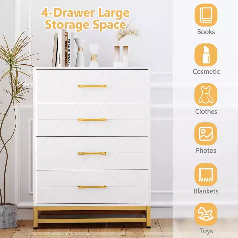 4-Drawer Dresser with Metal Legs and Gold Handles