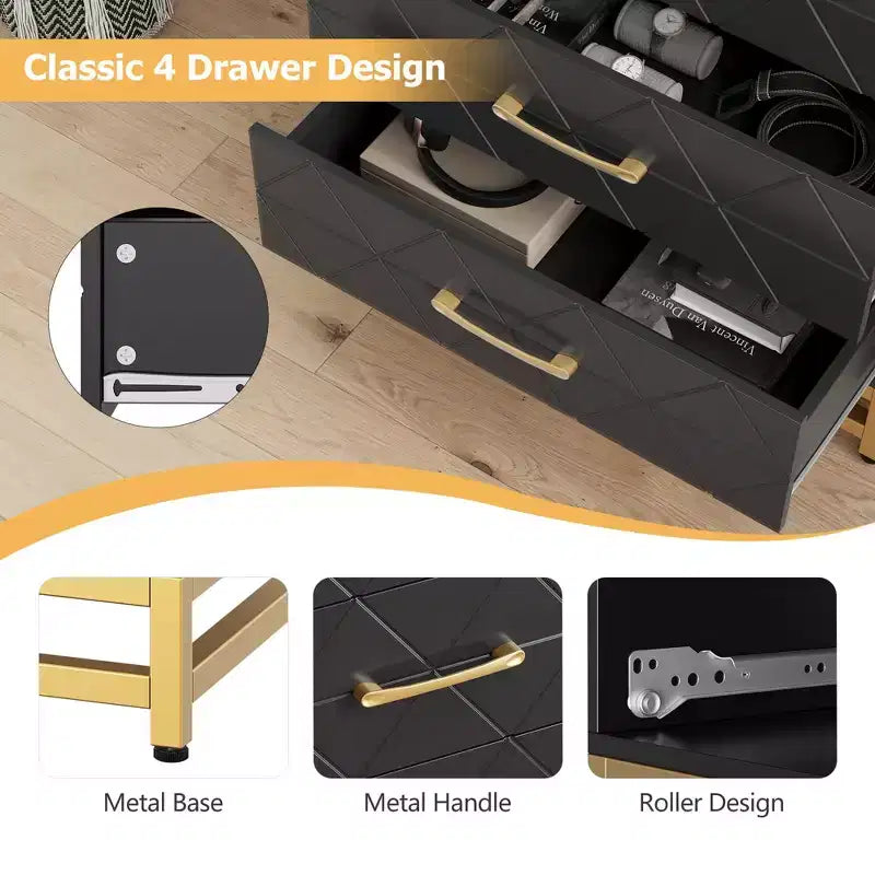 4-Drawer Dresser with Metal Legs and Gold Handles