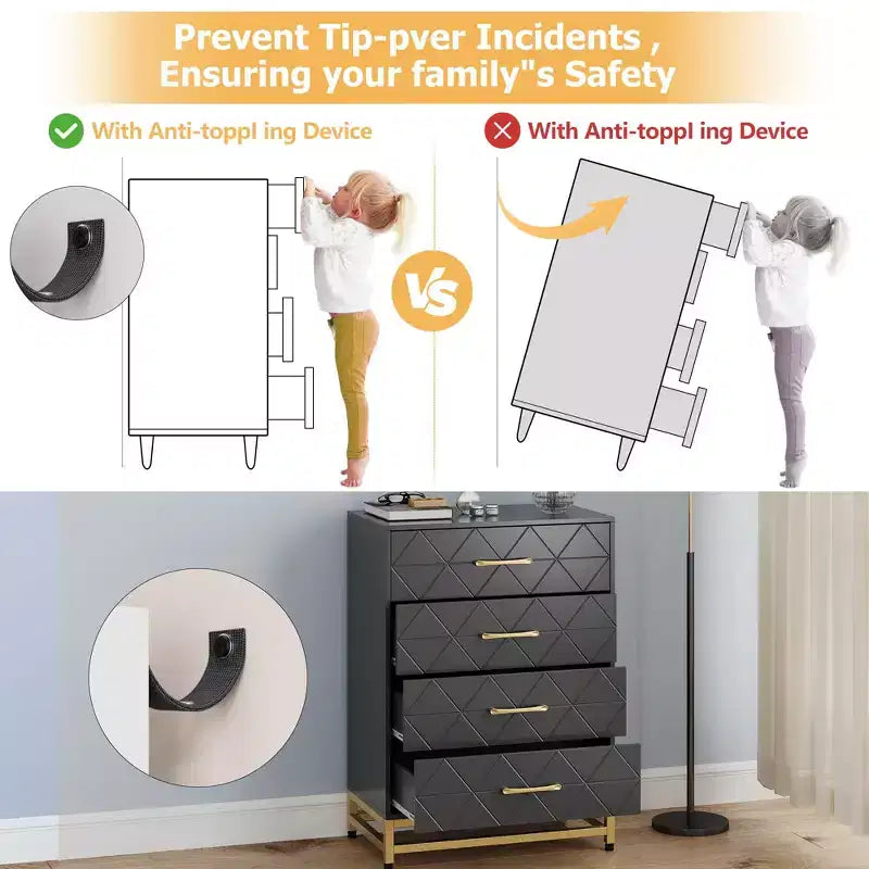 4-Drawer Dresser with Metal Legs and Gold Handles