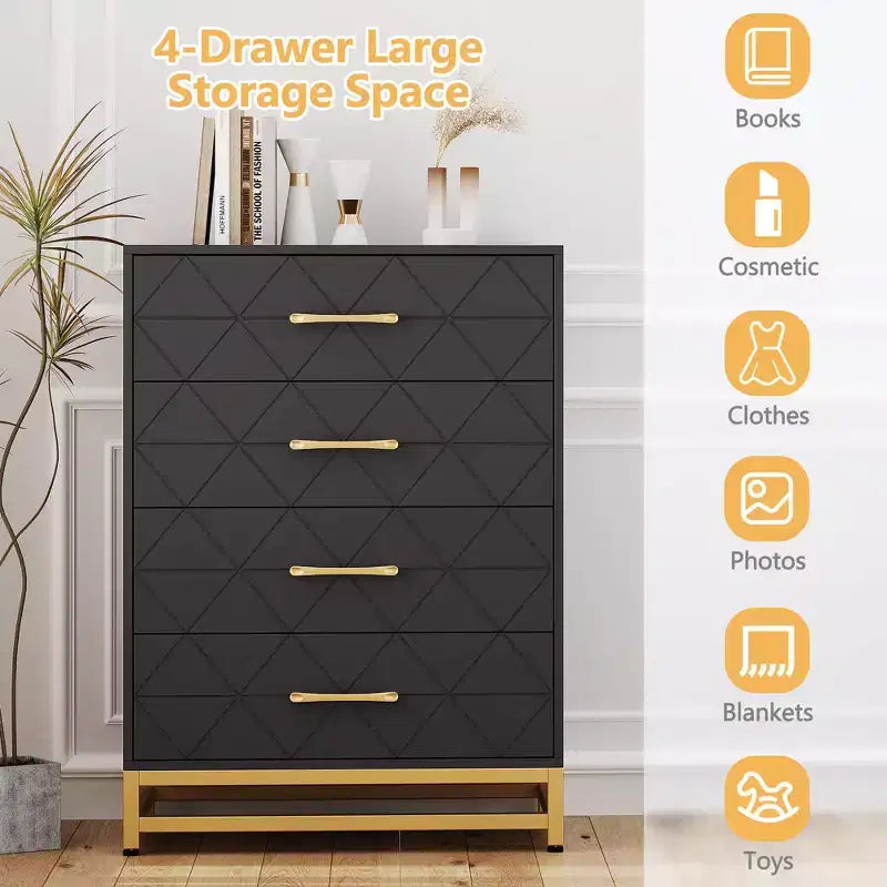 4-Drawer Dresser with Metal Legs and Gold Handles