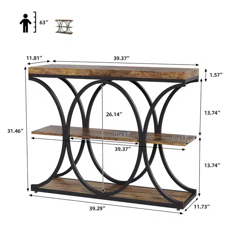 39-Inch 3-Tier Console Table with Metal Frame