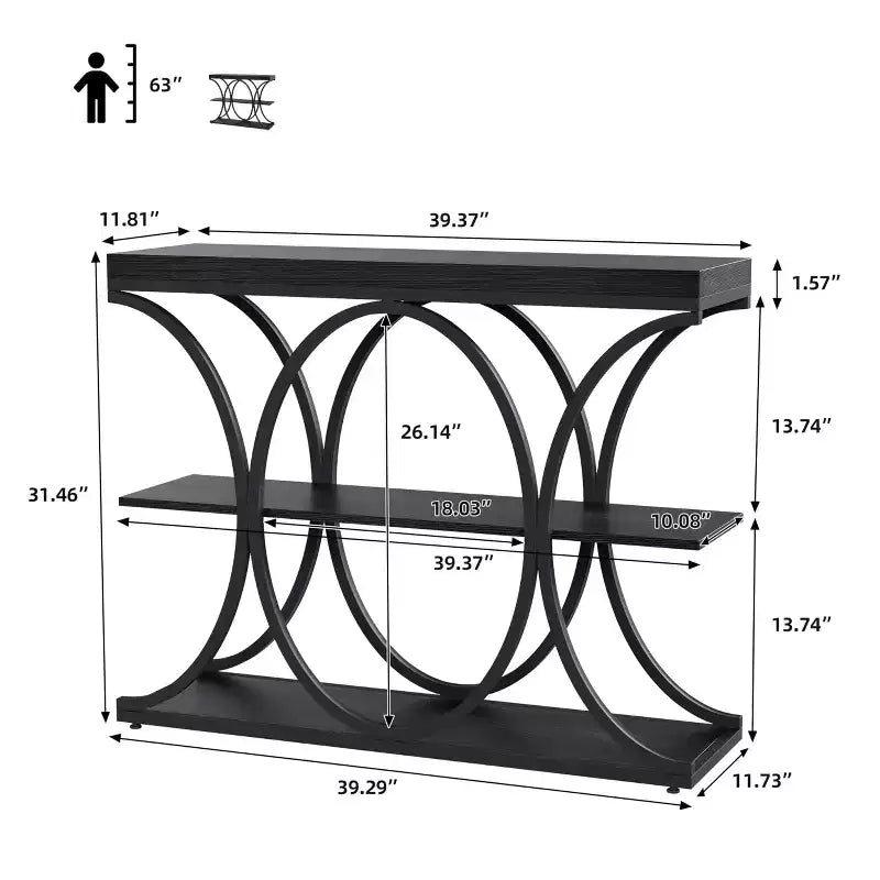 39-Inch 3-Tier Console Table with Metal Frame