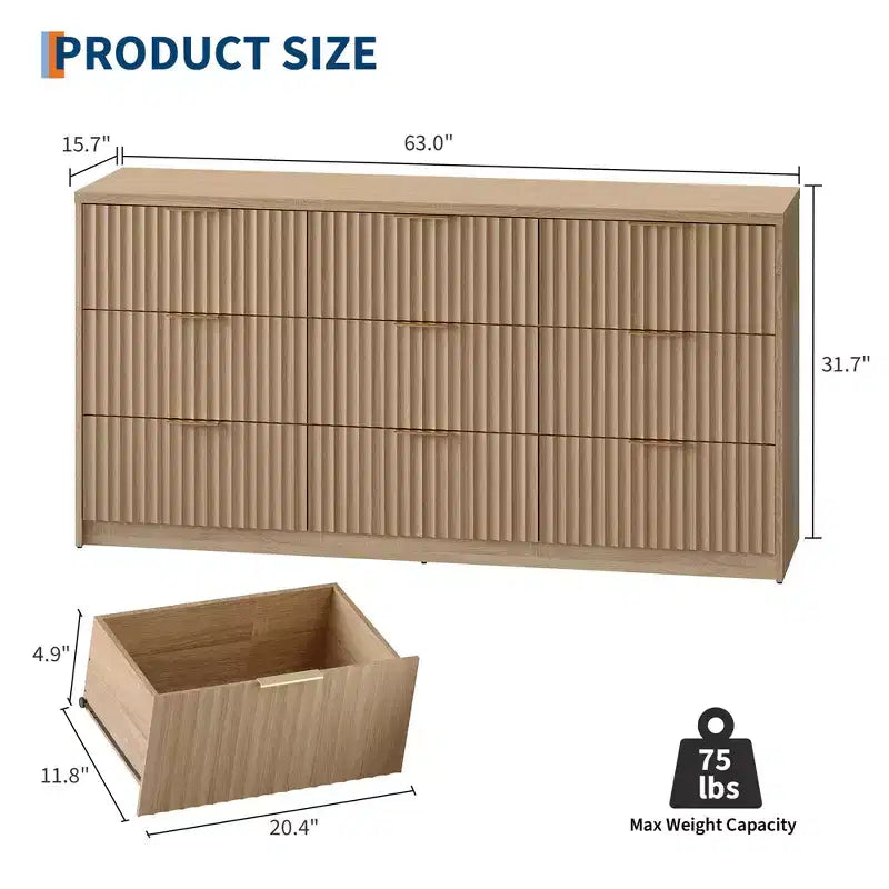 9-Drawer Fluted Dresser with Metal Handles