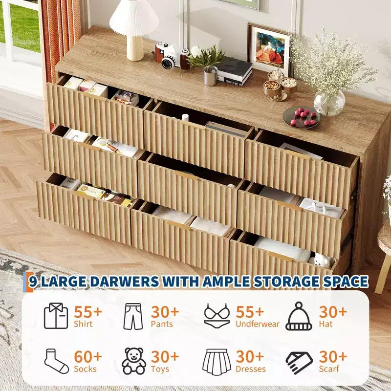 9-Drawer Fluted Dresser with Metal Handles