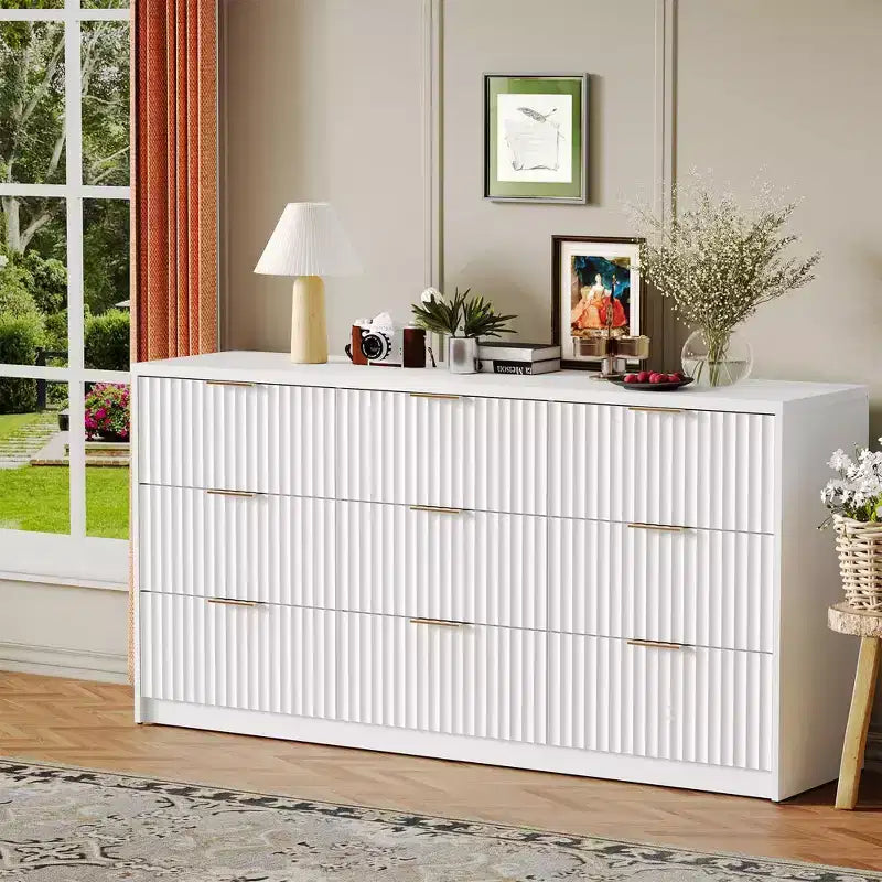 9-Drawer Fluted Dresser with Metal Handles