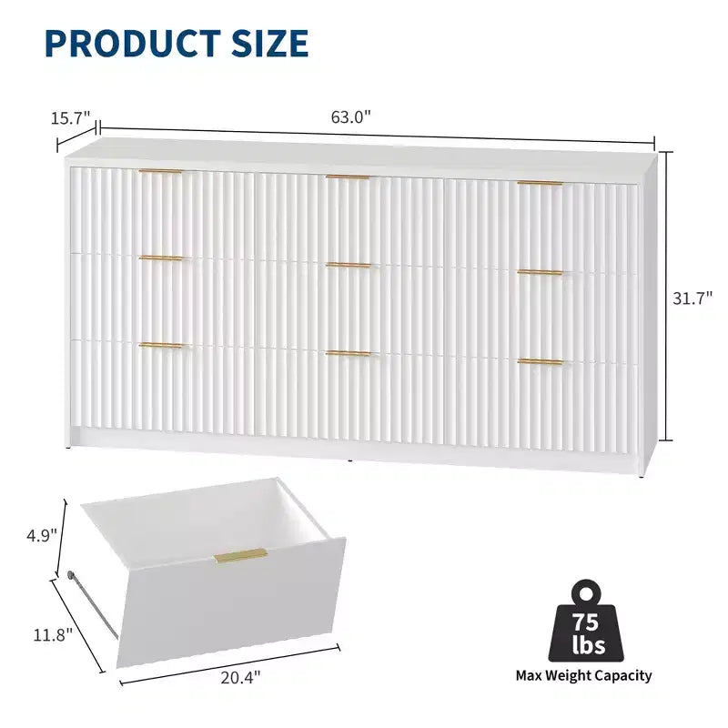 9-Drawer Fluted Dresser with Metal Handles