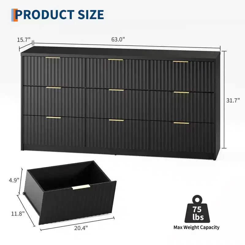9-Drawer Fluted Dresser with Metal Handles