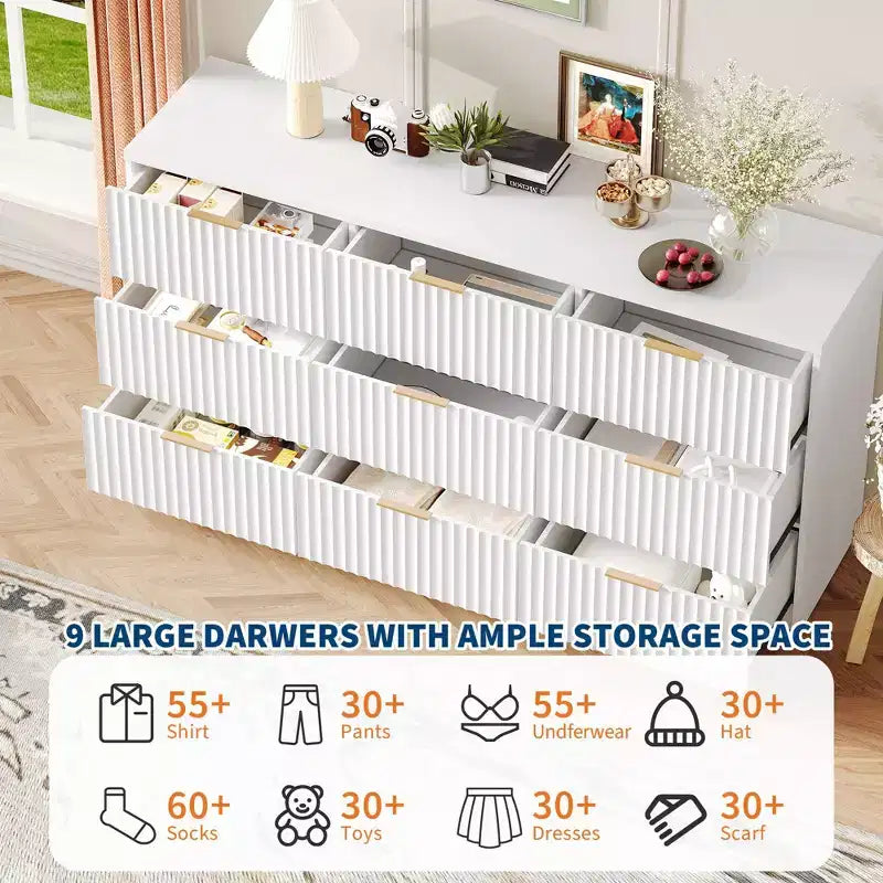 9-Drawer Fluted Dresser with Metal Handles