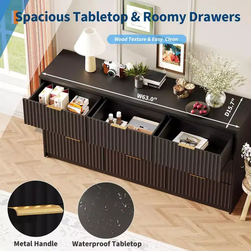 9-Drawer Fluted Dresser with Metal Handles