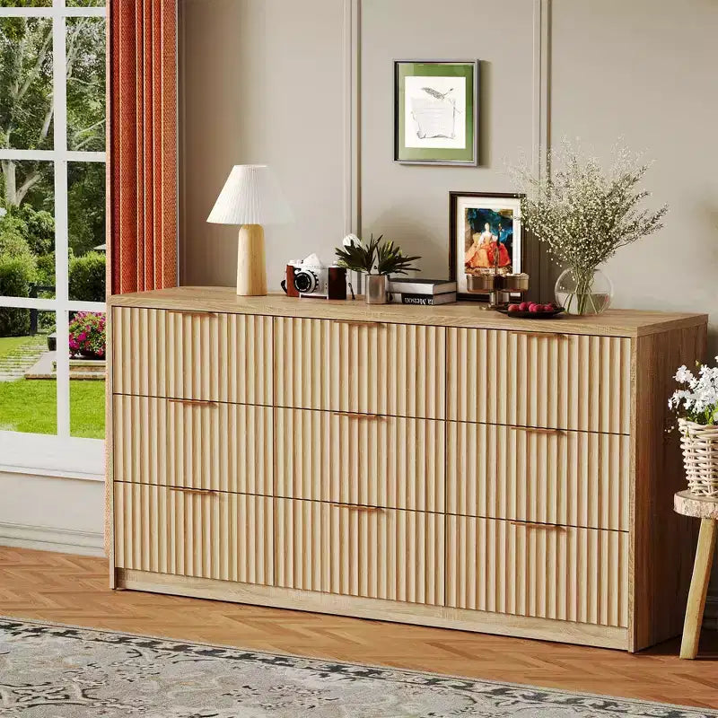 9-Drawer Fluted Dresser with Metal Handles