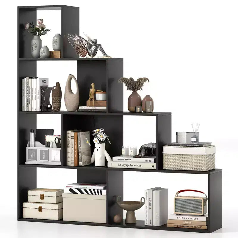 2PCS 4-Tier Bookshelf with 6 Storage Cubes, 64" Tall Geometric Stair Bookcase