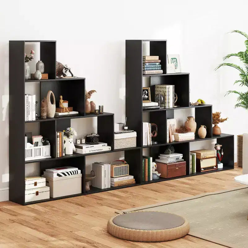 2PCS 4-Tier Bookshelf with 6 Storage Cubes, 64" Tall Geometric Stair Bookcase