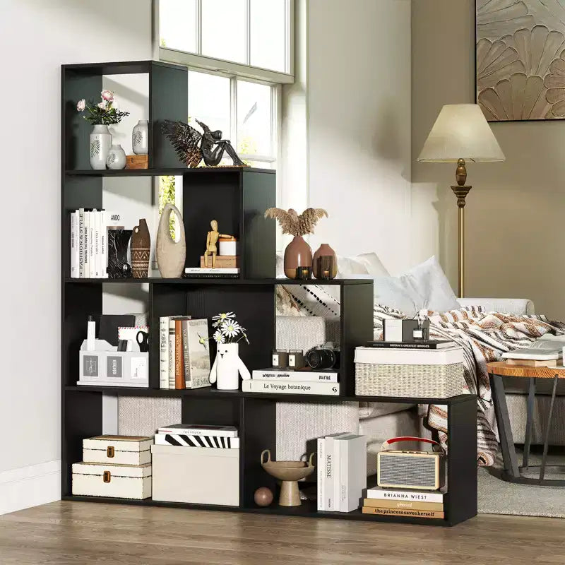2PCS 4-Tier Bookshelf with 6 Storage Cubes, 64" Tall Geometric Stair Bookcase