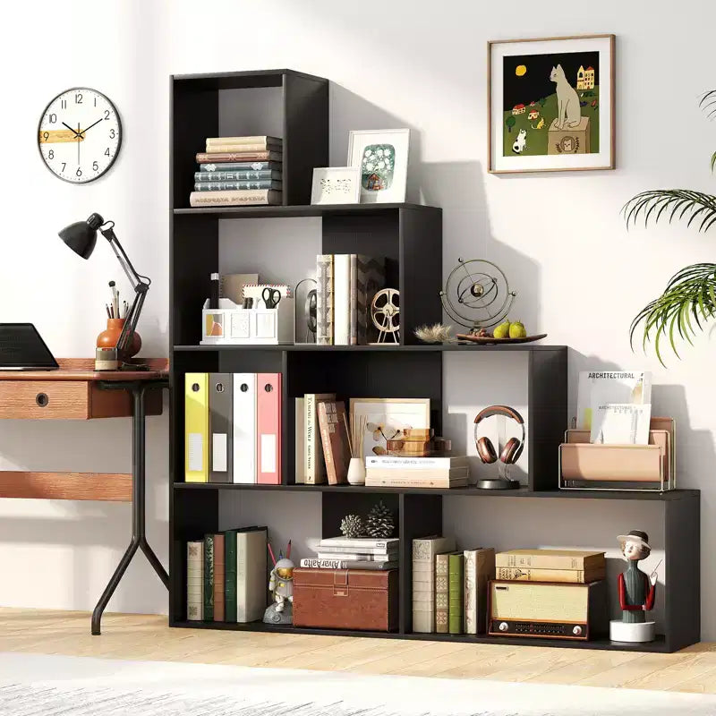 2PCS 4-Tier Bookshelf with 6 Storage Cubes, 64" Tall Geometric Stair Bookcase
