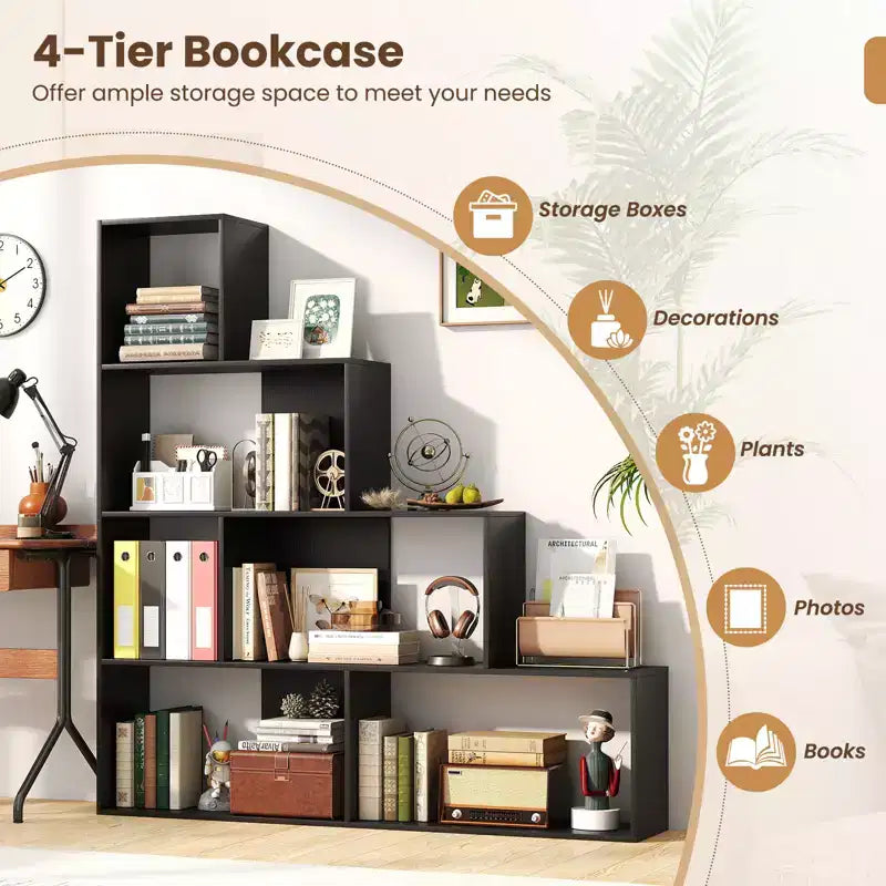 2PCS 4-Tier Bookshelf with 6 Storage Cubes, 64" Tall Geometric Stair Bookcase