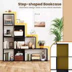 2PCS 4-Tier Bookshelf with 6 Storage Cubes, 64" Tall Geometric Stair Bookcase