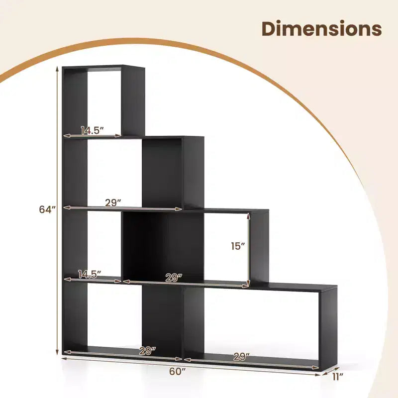 2PCS 4-Tier Bookshelf with 6 Storage Cubes, 64" Tall Geometric Stair Bookcase