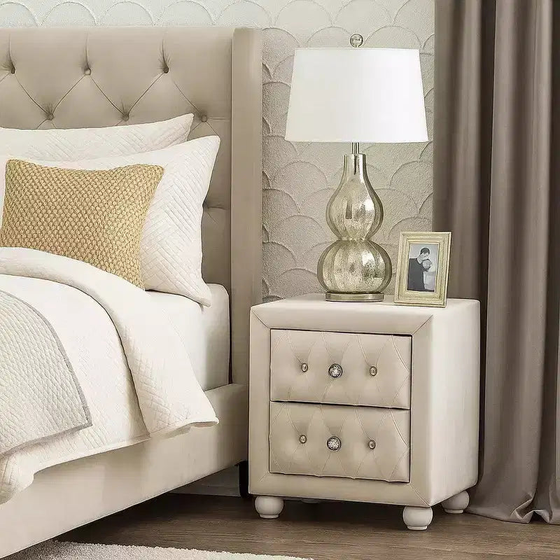 Nightstand with 2 Drawers, Crystal Tufted Beige Upholstery