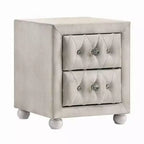 Nightstand with 2 Drawers, Crystal Tufted Beige Upholstery