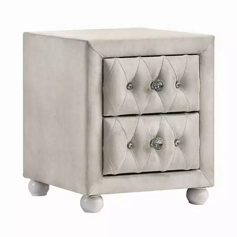 Nightstand with 2 Drawers, Crystal Tufted Beige Upholstery