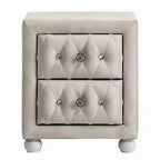 Nightstand with 2 Drawers, Crystal Tufted Beige Upholstery