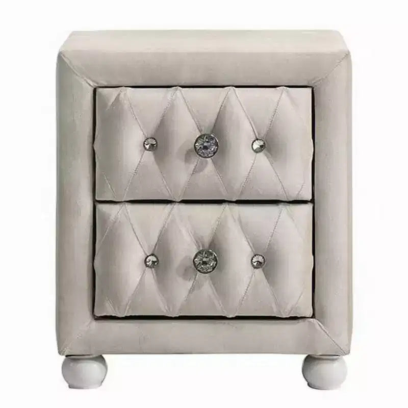 Nightstand with 2 Drawers, Crystal Tufted Beige Upholstery