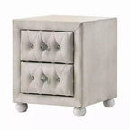Nightstand with 2 Drawers, Crystal Tufted Beige Upholstery