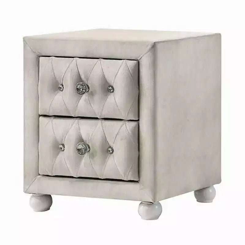 Nightstand with 2 Drawers, Crystal Tufted Beige Upholstery