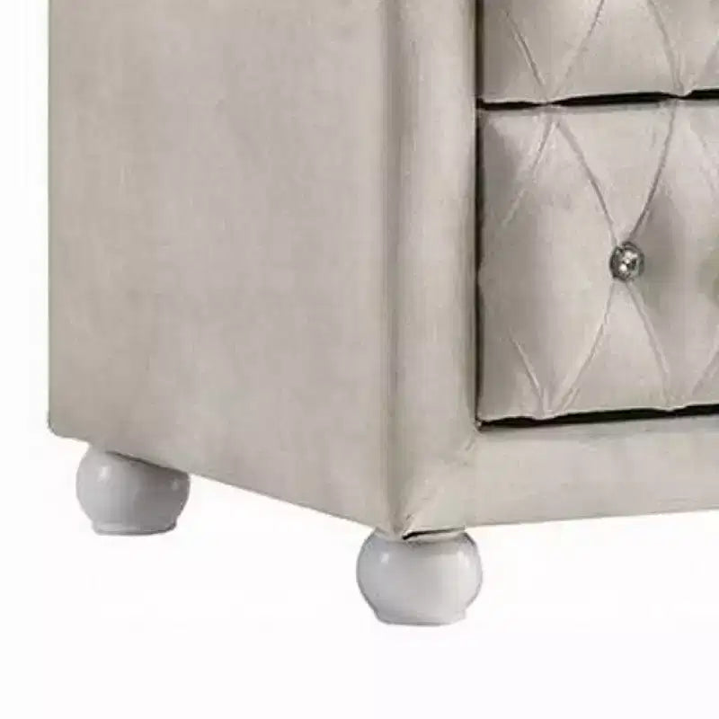 Nightstand with 2 Drawers, Crystal Tufted Beige Upholstery