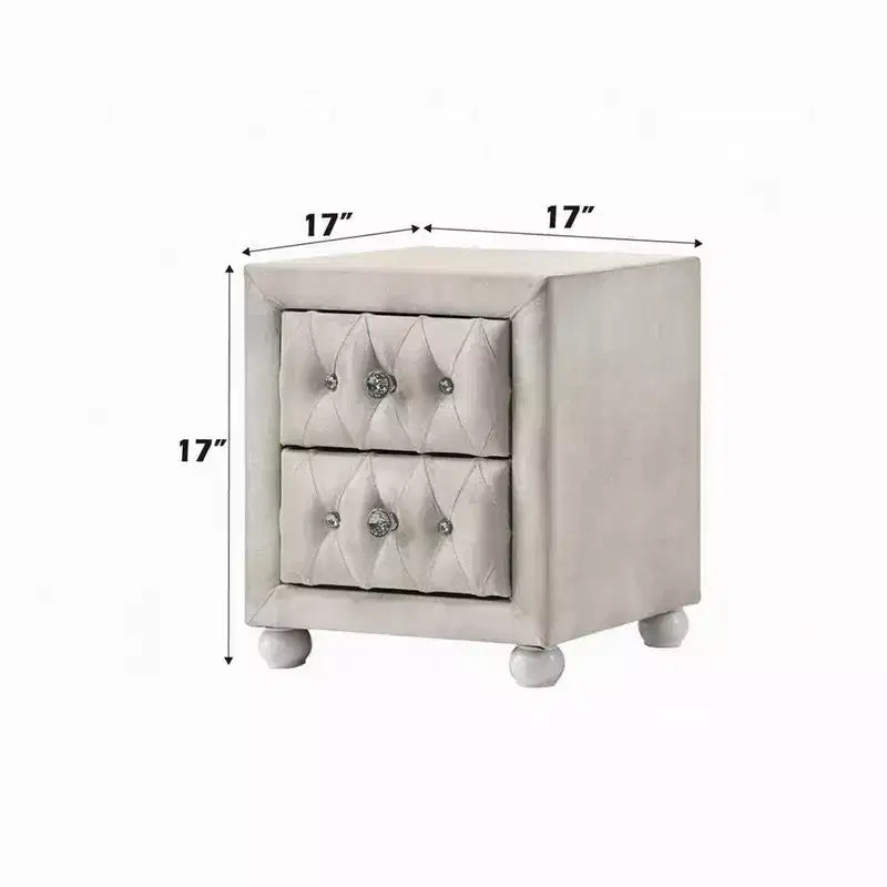 Nightstand with 2 Drawers, Crystal Tufted Beige Upholstery
