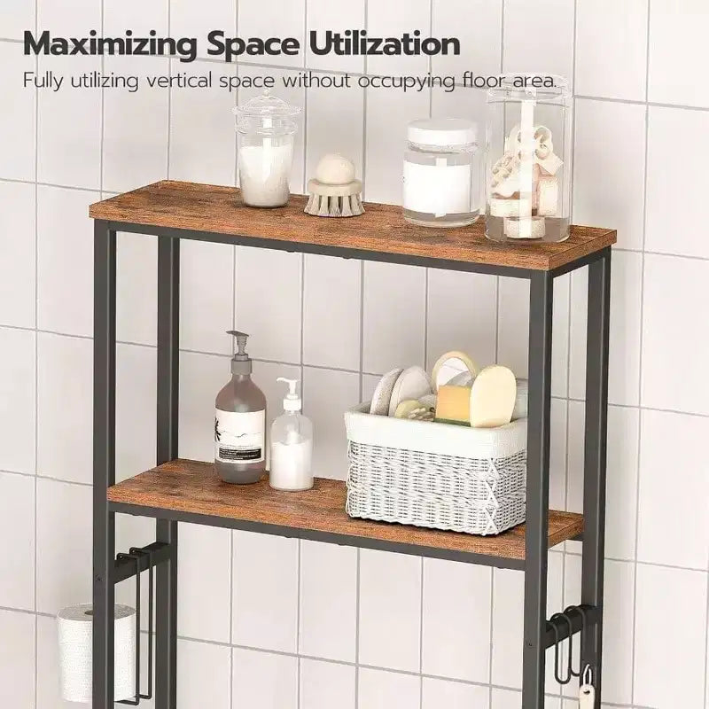 3-Tier Over-Toilet Storage Shelf with Hooks and Adjustable Feet